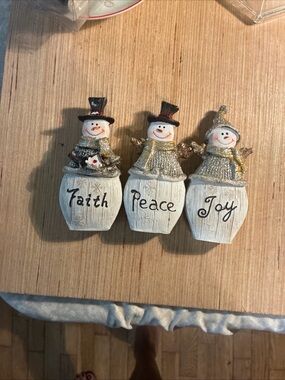 Faith Peace Joy Snowman Ornaments - White and Gold Holiday Decor Wood